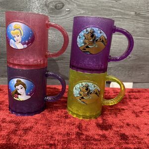 Vintage / Y2k Lot Of 4 Glitter Sparkle Cups / Mugs Disney Princess & Scooby Doo